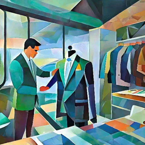 PTG Marketing; Abstract image of a man looking at a new suit to buy to look more attractive and to increase his likability.