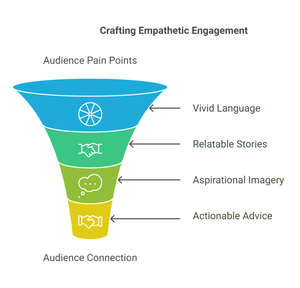 PTG Marketing; A diagram showing how to bridge the gap between audience pain points and an intimate connection with your audience