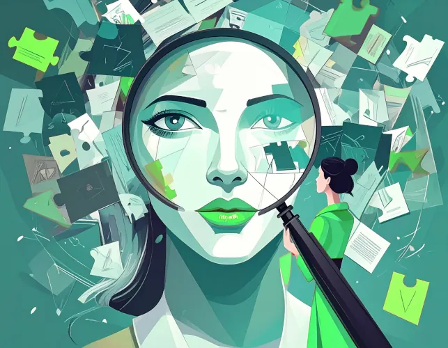 PTG Marketing; a woman analyzing the profile of another woman. Puzzle pieces float around her head depicting the deconstruction of her buyer persona.