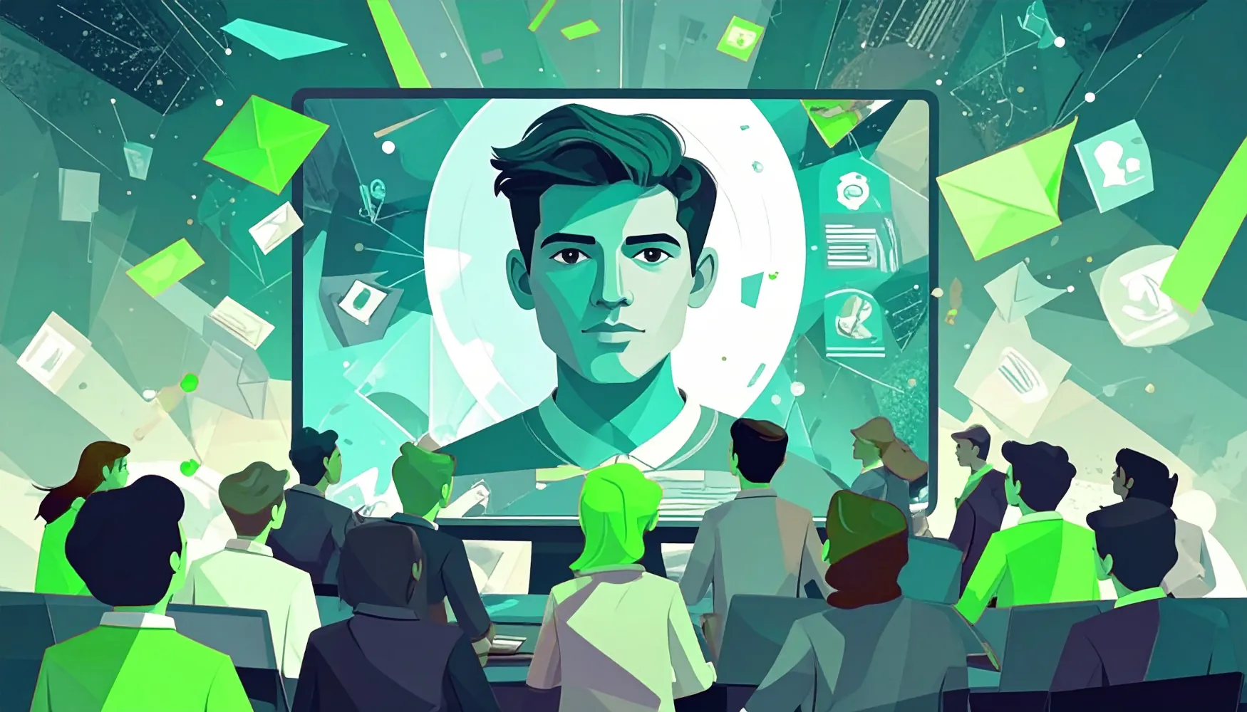 PTG Marketing; A group of marketers analyzing an ideal customer avatar profile. They are looking at a large screen showing the consumer profile of a man.