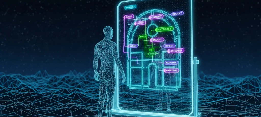 PTG_Marketing_Company_Mirror_Module_Synthesis_Engine_Inline-image A stylized, abstract wireframe human figure stands in the foreground, looking into a large, luminous holographic 'mirror'. Instead of a reflection, the mirror displays an intricate, glowing architectural blueprint of a company's inner workings - it's "mirror image".