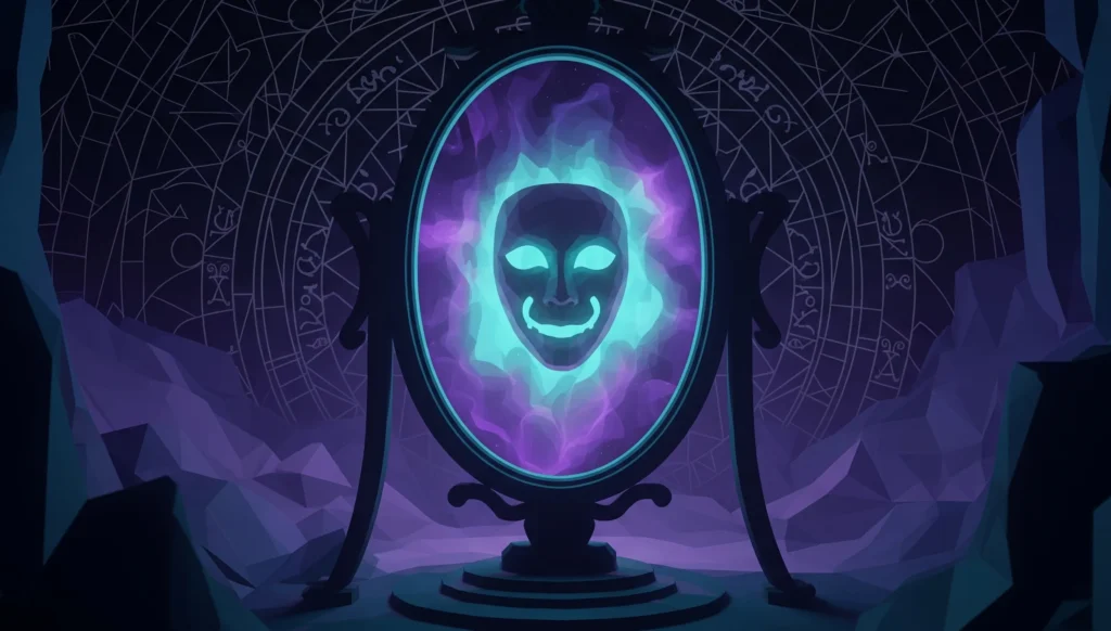 A dark, ominous, yet intriguing stone magic mirror showing a mysterious ghost-like, glowing, yet sympathetic mask shrouded in a violet and cyan haze depicting the mirror image of a company's strengths, weaknesses, and marketing limitations.