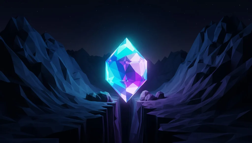 PTG Marketing; a glowing crystal inside the crack between two dark, rocky mountains. The crystal vibrates a mysterious energy commanding attention like a beautiful gemstone, depicting the crystallization of a brand's most ideal customer avatar (ICA).