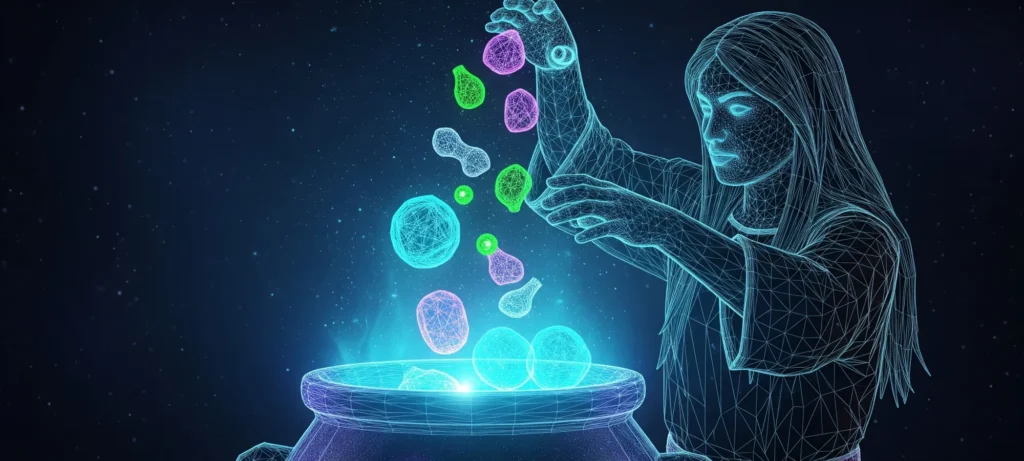 PTG_Marketing_Offer_Alchemist_Module_Synthesis_Engine_Inline-image A person throwing alchemical ingredients into a magic glowing cauldron depicting the alchemical process of transmuting a brand's offer (product or service) into gold.