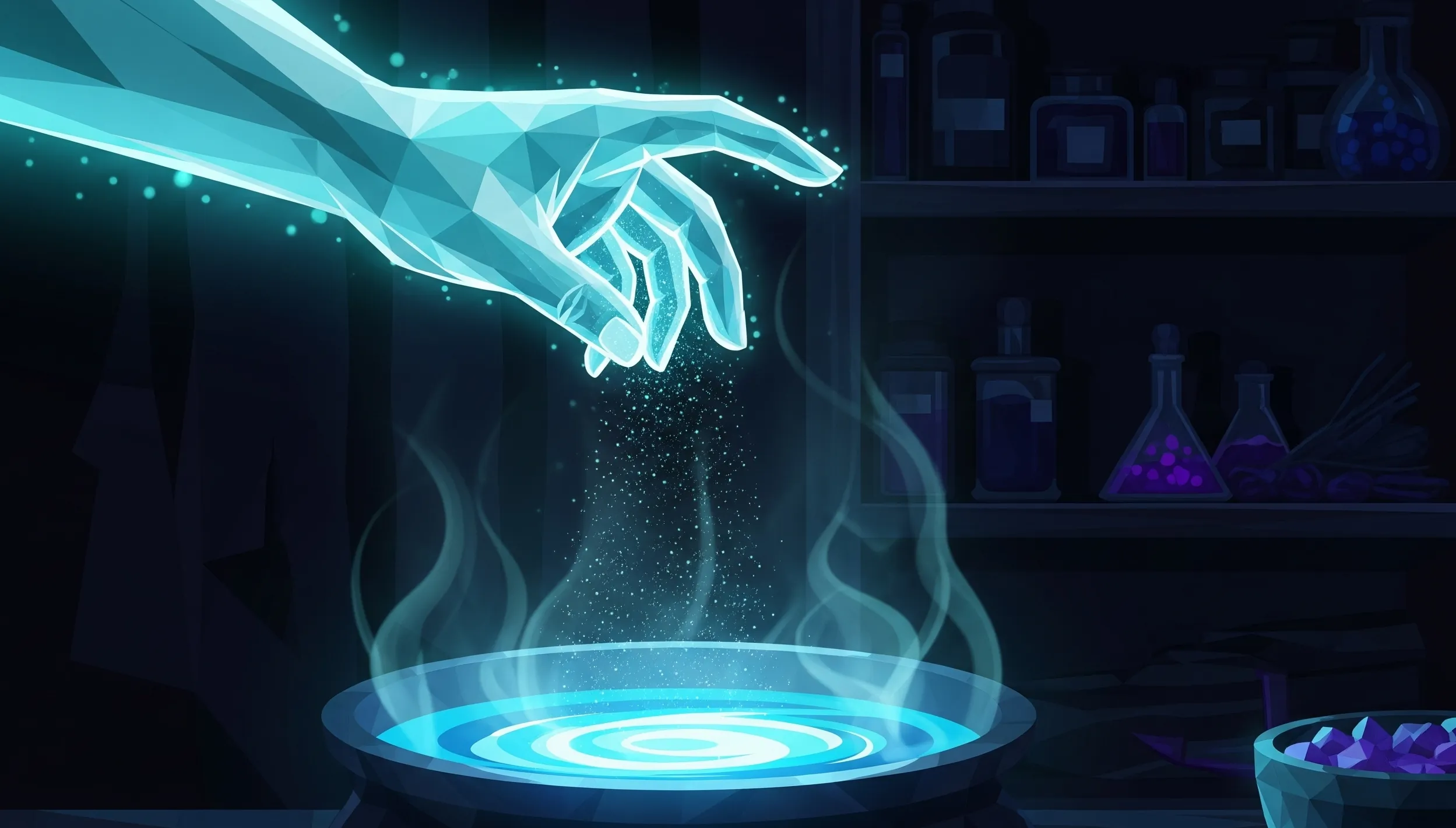 A glowing, mysterious, aura-like hand sprinkling luminous magical dust into a steaming, glowing cauldron in front of a dark, ominous backdrop of alchemical ingredients depicting the process of transmuting a company's offer into a golden opportunity.