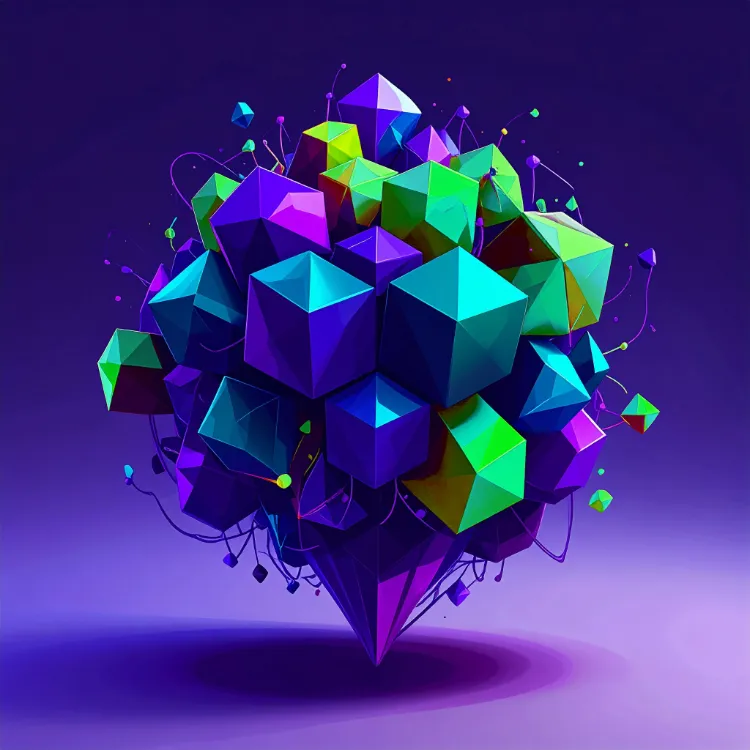 PTG Marketing; The importance of using templates to draft brand messaging depicted as a chaotic, mystic bundle of cubes and threades.