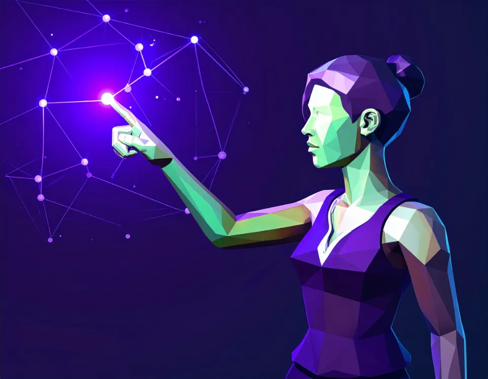 PTG Marketing; a woman pointing to a dot in a web of interconnected aetherial lines depicting the importance of clearly defining your target audience within your brand sheet.