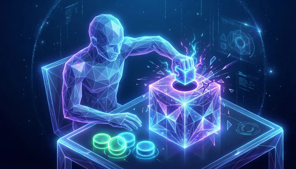 An aetherial human trying to fit a square peg into a round hole even though there are round pegs right beside them on the table. This depicts their inherent Confirmation Bias.