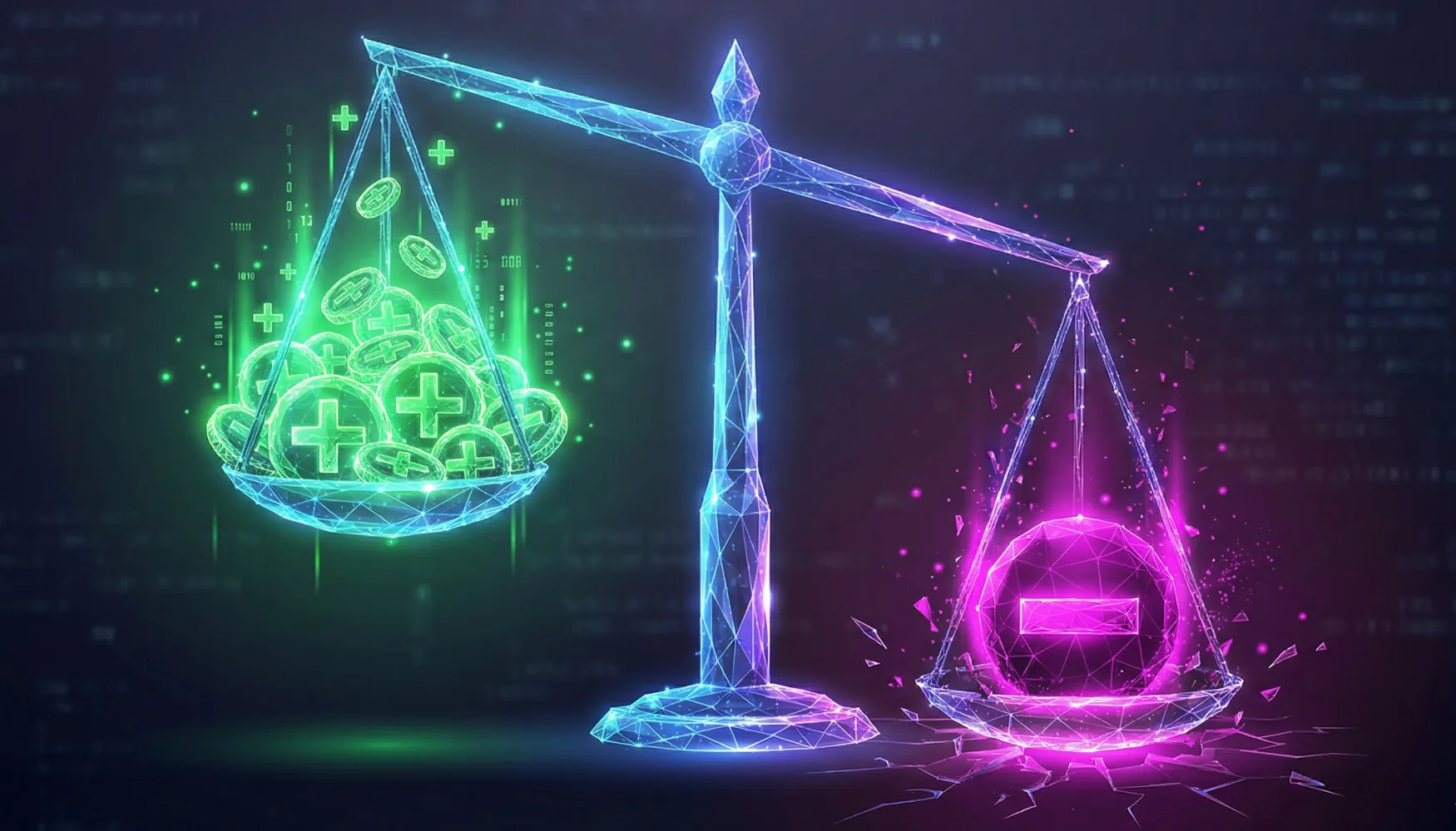 A balance scale showing the principle of loss aversion. On the left side, a large pile of glowing green "plus" icons and coins is lifted high in the air. On the right side, a single, heavy "minus" icon is weighing the scale all the way down to the ground. This depicts the unexpected weight of the single loss.