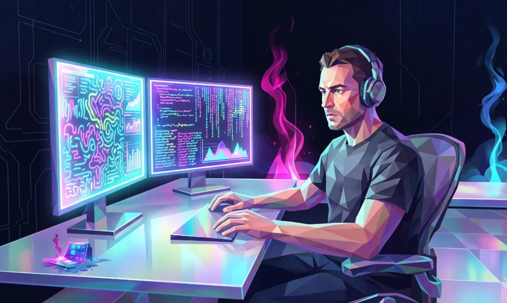 A startup founder in from of his computer setup trying to build a go-to-market strategy from scratch himself.